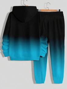 渐变黑蓝男式长袖运动衫和运动裤套装，“PARIS”字母印花休闲时尚套头运动衫，户外健身运动百搭男式连帽运动衫，秋季服装