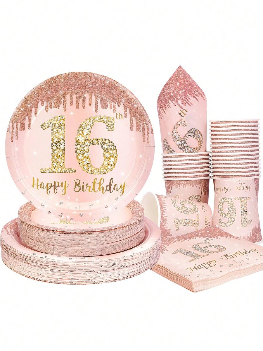 10pcs 16th Birthday Decorations For Princess Rose Gold Sweet 16 Birthday Party Supplies For Her 16th Happy Birthday Plates And Napkins Cups Tableware For Daughter Sweet 16th Birthday Party Favor - Multicolor - View 1