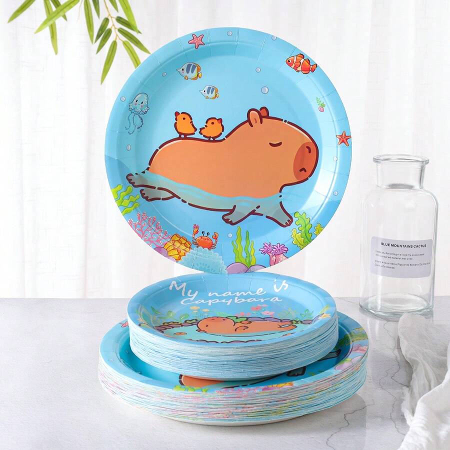 7-Inch And 9-Inch Disposable Party Paper Plates, Swimming Capybara Print Party Supplies, Party Dessert Paper Plates, Disposable Paper Plates Suitable For Birthday, Celebration, Party Decorations - Multicolor - View 1