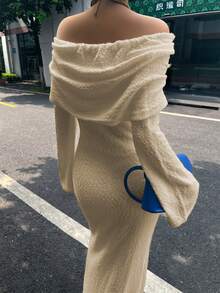 性感街頭風純色半透單肩長袖白色長版毛衣洋裝，夜店派對性感女裝 - 卡其色 - 查看 3