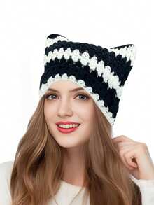 1 件男女通用手工钩针猫耳可拆卸别针金属流苏装饰朋克帽，Y2K 街头镂空条纹无檐帽，嘻哈时尚 - 彩色 - 查看 10