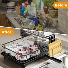 New 2-Tier Dish Drying Rack - Foldable Kitchen Countertop Drain Rack With Drying Board, Dish Hooks, And Cup Holders, Large Capacity Bowl, Plate, And Pot Storage Rack, Durable And Sturdy, Efficient Plate Drying System, Space-Saving Black And White