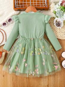 Mädchen grünes Blumen besticktes Taillennetz Kleid Langarm, Mädchen Patchwork Lässig Jumpsuit Frühling Herbst, Teenager gestrickt süß modisch Rüschen Saum Kleid, Prinzessin Kleid, geeignet für 4-5-6-7-8 Jahre alt, weich und bequem, geeignet für Outdoor, Spiel, Alltag, Reise, Party