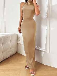 WOWDARK 香槟色缎面露背吊带优雅派对礼服，适合情人节、约会、聚会、派对、旅行、度假、海滩等场合，也适合婚礼等春季穿着。 - 香檳色 - 查看 4