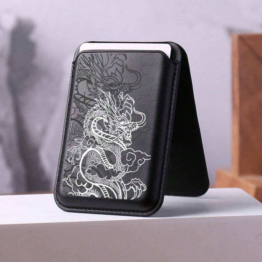 Graphic Dragon Print Magnetic Card Holder Compatible With Magnetic Phone Cases Card Wallet Can Be Used As Mobile Phone Kickstand - màu đen - Xem 1