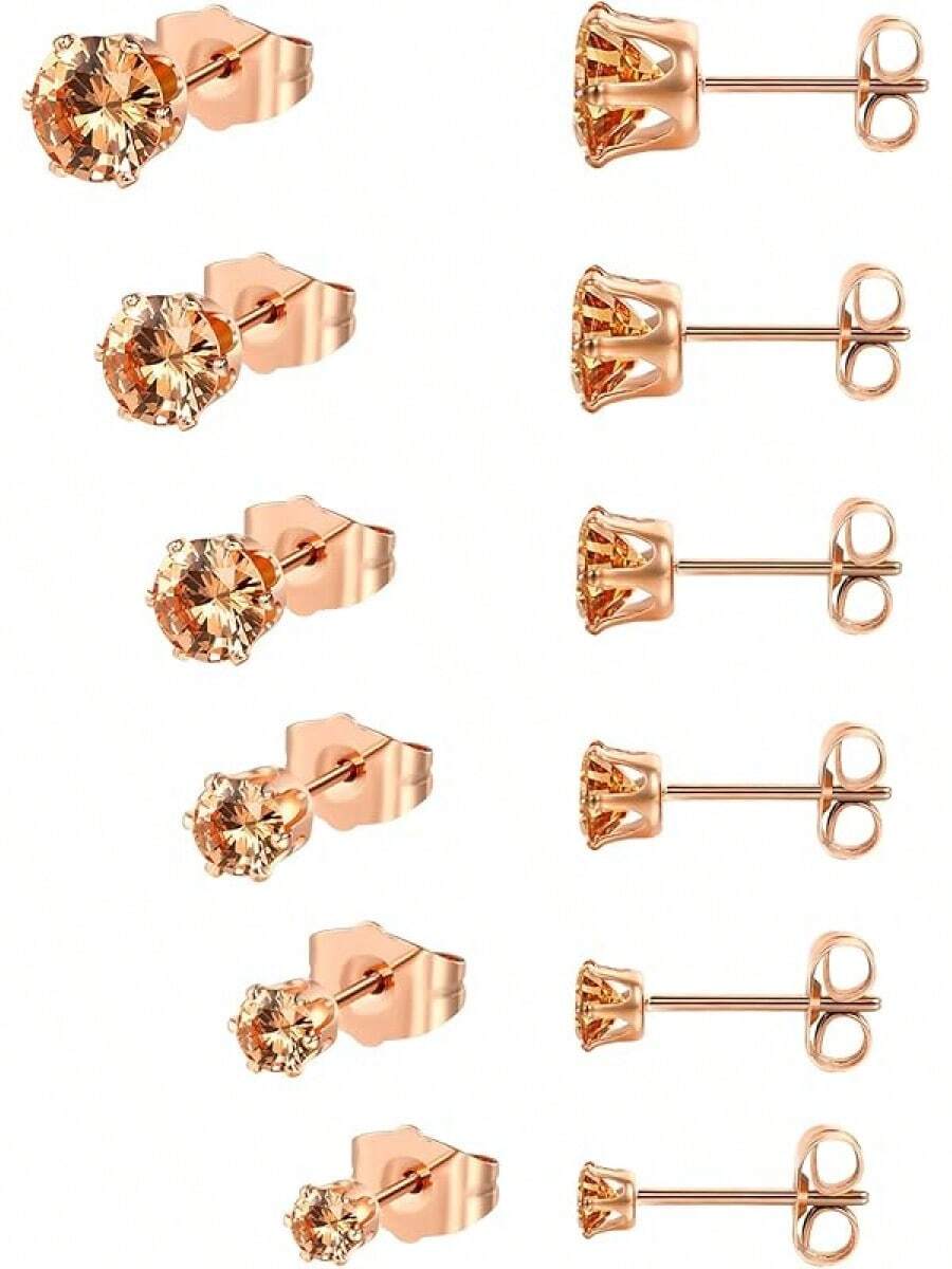 MDFUN 6 Pairs Stud Earrings Sets 3-8MM 18K Gold Plated Round 5A+ Cubic Zirconia Earrings CZ 6 Prong Ears Jewelry Women - C-玫瑰金3-8MM - 查看 1