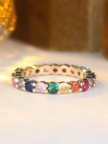 Vanel 1pc Luxury Full Eternity Cubic Zirconia Ring, Jewelry Gift For Girlfriend, Classmate - Golden Yellow-multicolor - View 3