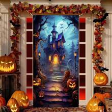 1pc-Pumpkin Castle Bat Halloween Door Cover - Gothic Polyester Banner With Vintage Horror Design, Spooky Outdoor/Indoor Decor For Haunted House & Halloween Party Entrance