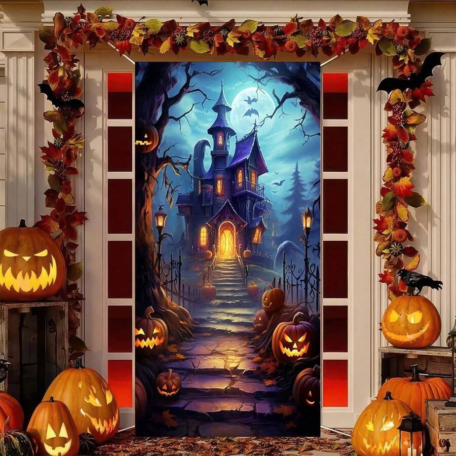 1pc-Pumpkin Castle Bat Halloween Door Cover - Gothic Polyester Banner With Vintage Horror Design, Spooky Outdoor/Indoor Decor For Haunted House & Halloween Party Entrance