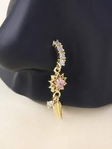 1pc Gold & Pink Heart Tassel Long Nose Ring, For Daily Wear - Gold - View 1
