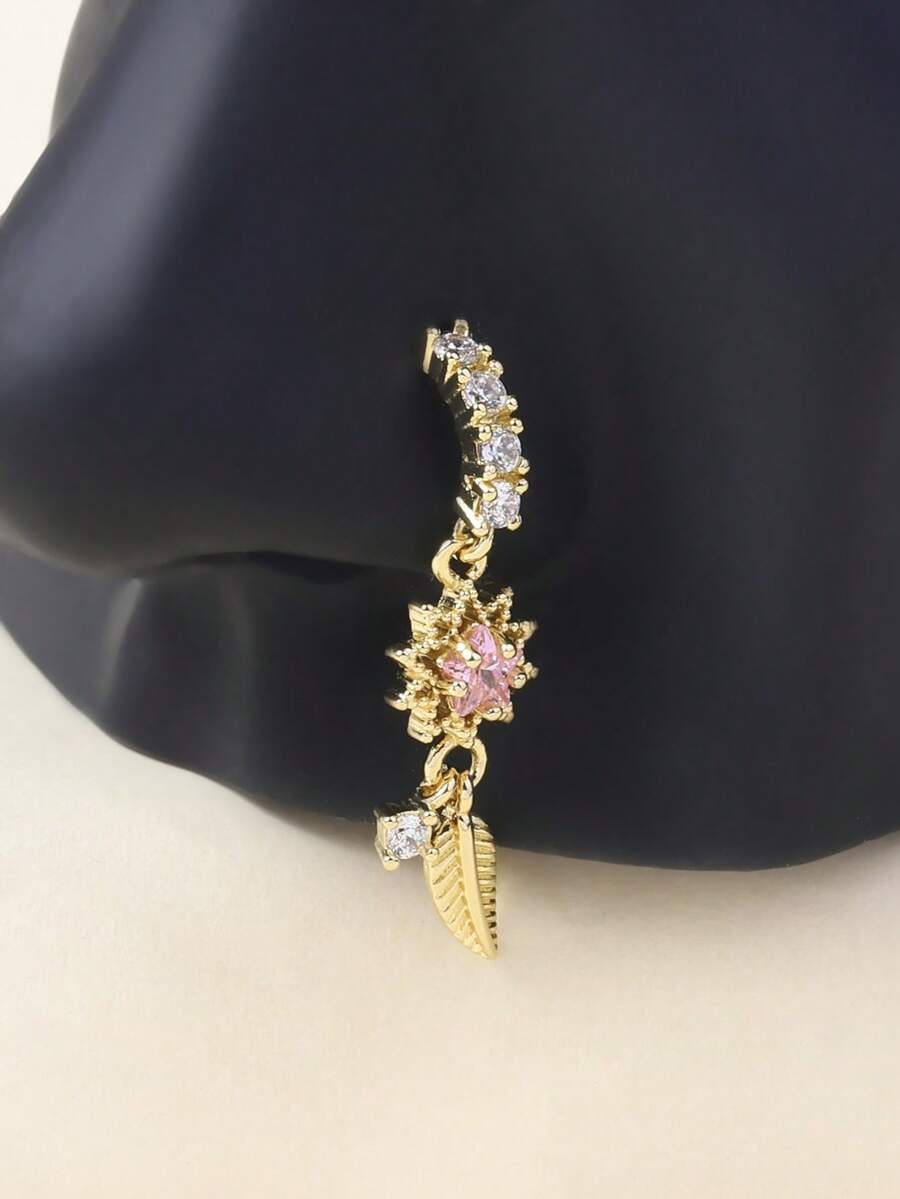 1pc Gold & Pink Heart Tassel Long Nose Ring, For Daily Wear - Gold - View 1