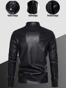 Men's Stand Collar Fitted Faux Leather Rave Jacket With Zipper Pockets, Motorcycle Style Men Zip Up PU Leather Jacket