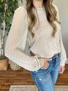 tooluck Long Sleeve Shirts For Women Tops Tunic Fall Crew Neck Clothes Beige - Beige - View 1