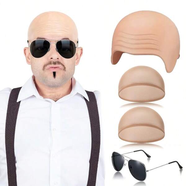 1 Set Bald Caps With 1 Pair Glasses For Adults Men Nylon Bald Head Wig Cap Can Be Cut For Halloween Music Festivals Concerts Rap Star Party Cosplay