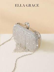 ELLA GRACE-Rhinestone Heart Clutch Purse Convertible With Detachable Chain Luxury Evening Bag For Red Carpet, Dates, Office & Parties - Silver - View 6