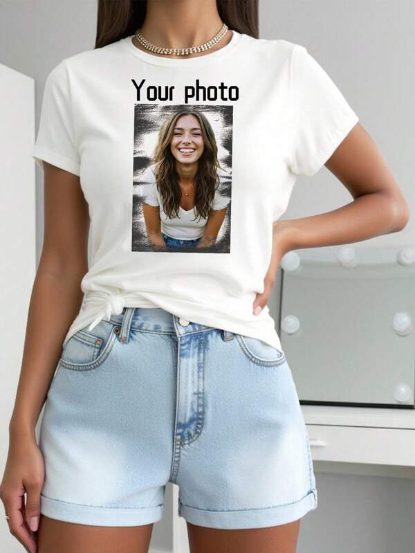 Customized Photo T-Shirt, Simple Spring/Summer/Autumn Women's Clothing, Customized For Friends/Couples/Pets/Sisters/Selfies/Photos, Group Clothing Customization, Surprise Gifts, Birthday Gifts, Wedding Gifts, Mother's Day Gifts, Best Friend Gifts, Anniversary Gifts, Valentine's Day Gifts, Gifts For Her, Women's Tops, Music Festival Outfits, Party Gifts