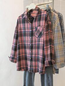 YUXIN 复古美式格子长袖衬衫女春秋装别致宽松设计小众风格 - 紅色和黑色 - 查看 3