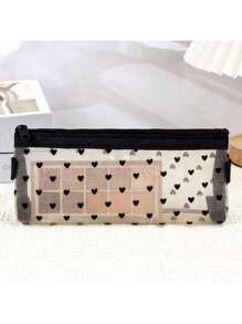 1 pieza Mini bolsa de maquillaje con forma de corazón y malla, estuche portátil multiuso transparente con felpa para lápices labiales