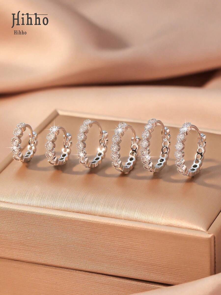 Hihho 3 对时尚方晶锆石环形耳环，简约优雅的日常佩戴珠宝套装，迷人的圆形耳环，适合女性、生日和约会礼物 - 銀色 - 查看 1
