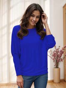 Blusa Casual Holgada de Hombros Descubiertos con Mangas Largas Ajustadas para Mujer - Azul - Ver 3