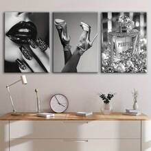 3pcs Wooden Framed Canvas, Fashion Women And Perfume Theme Posters, Fantasy Decorations, Frame Painting, Modern Art, Canvas, Perfect Gift For Friends And Family, Home, Room Mural, Office, For Living Room, Bedroom Wall Decor, HD, 8K, Odorless,