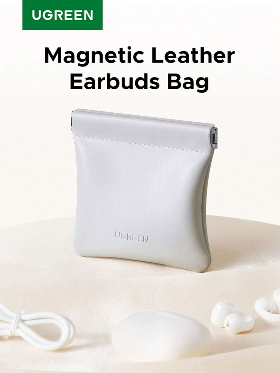 UGREEN Magnetic Leather Earbuds Bag Pouch Bag Portable Storage Bag Compatible With Airpods 4 AirPods Pro For Holiday Travel, Outdoor Activities Cable Organizer Charger Accessories Travel Essentials - Grey - View 1
