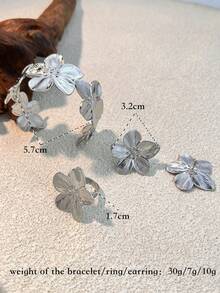 4pcs Fashionable Stainless Steel Ladies' Jewelry Set, Including Silver Flower Ring, Bracelet, Earrings, Suitable For Daily Wear, Dates, Beach Parties, And As Valentine's Day Gift Valentines - Silver - View 7