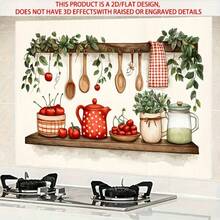 1pc Watercolor Kitchen Sticker, 2D Flat Design, Oil-Resistant PVC, Red Teapot And Cherry Pattern With Wooden Spoon, Natural Country Style Home Decor, Suitable For Kitchen And Dining Room, Kitchen Wall Decoration