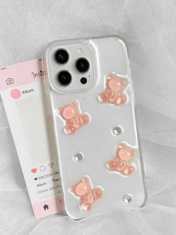 1pc Textured Transparent Glitter 3D Pink Bear Acrylic Large Hole Resin 2-In-1 Phone Case Suitable For IPhone 11 12 13 14 15 Pro Max