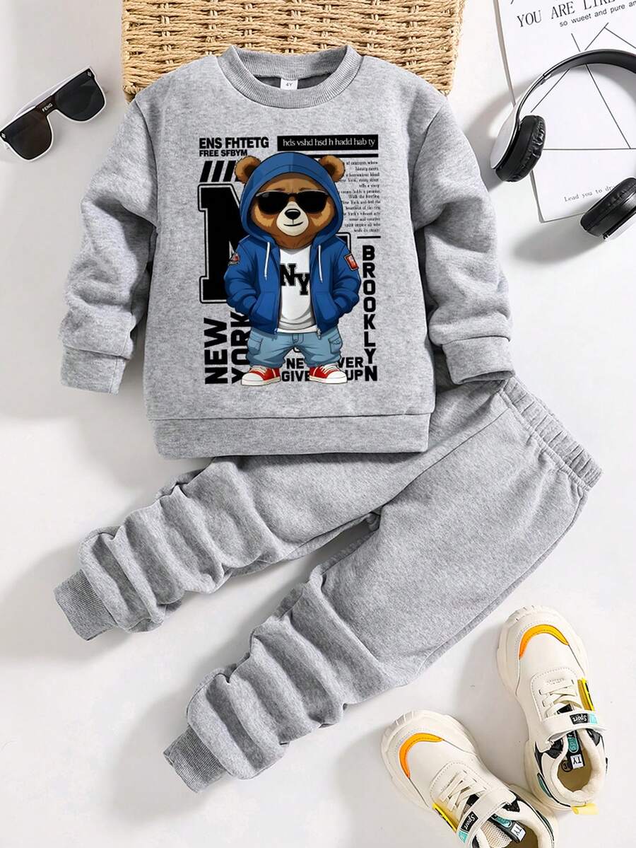 Toddler Bear Print Warm Crew Neck Sweatshirt And Pants Set