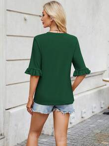 YESFASHION Womens 3/4 Length Sleeve Tops Loose Fit Casual Crew Neck Pleated Shirts Ruffle Tunic Blouses Dark Green - 墨綠色 - 查看 6