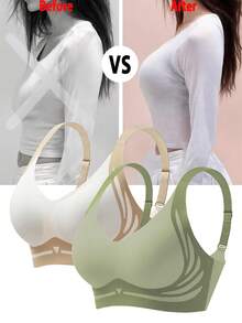 2件/套女士无缝文胸，无钢圈文胸，光滑无缝文胸，优雅舒适全罩杯文胸，适合秋冬季日常穿着 - 彩色 - 查看 1