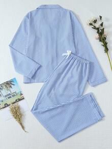 2pcs Women Blue & White Striped Print Pajama Set, Long Sleeve Button Collar Top And Pants, Casual Sleepwear Homewear Suit For Autumn/Winter, Fall Clothes