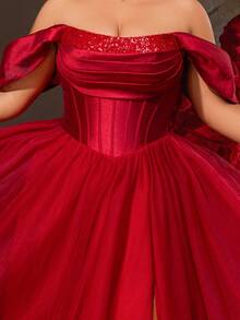 VIPGIRL Vestido de gala de tul color borgoña con hombros descubiertos, corsé con lentejuelas y falda esponjosa, vestidos de gala para mujeres, estilo princesa elegante, vestido de noche formal, vestido de lujo para invitada de boda, vestido de dama de honor, vestido de fiesta