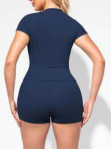 Two Piece Set Of Women's Solid Color Round Neck T-Shirt+High Waisted Cycling Shorts Sports Suit, Lapel Short Sleeved T-Shirt+Tight Shorts, Gym Clothing, Women's Sportswear, Indoor And Outdoor Casual Sportswear, Fitness Clothing, Workspace Clothing, Sportswear - 藏蓝色 - 查看 4