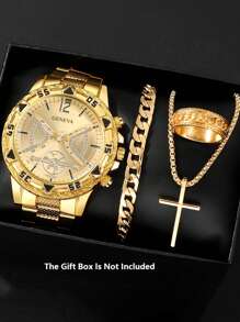 4pcs Luxury Gift Set For Men: Stainless Steel Quartz Watch, Cross Pendant Necklace, Bracelet And Ring, Perfect Business Casual Accessories, Ideal Gift For Him - Suitable For Leisure And Sports