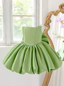 Baby Mädchen einfarbiges ärmelloses Satin Schleife Tüll Elegantes Geburtstags Party Kleid, ohne Haarband