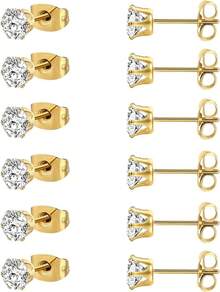 MDFUN 6 Pairs Stud Earrings Sets 3-8MM 18K Gold Plated Round 5A+ Cubic Zirconia Earrings CZ 6 Prong Ears Jewelry Women - 6MM-黃金 - 查看 1