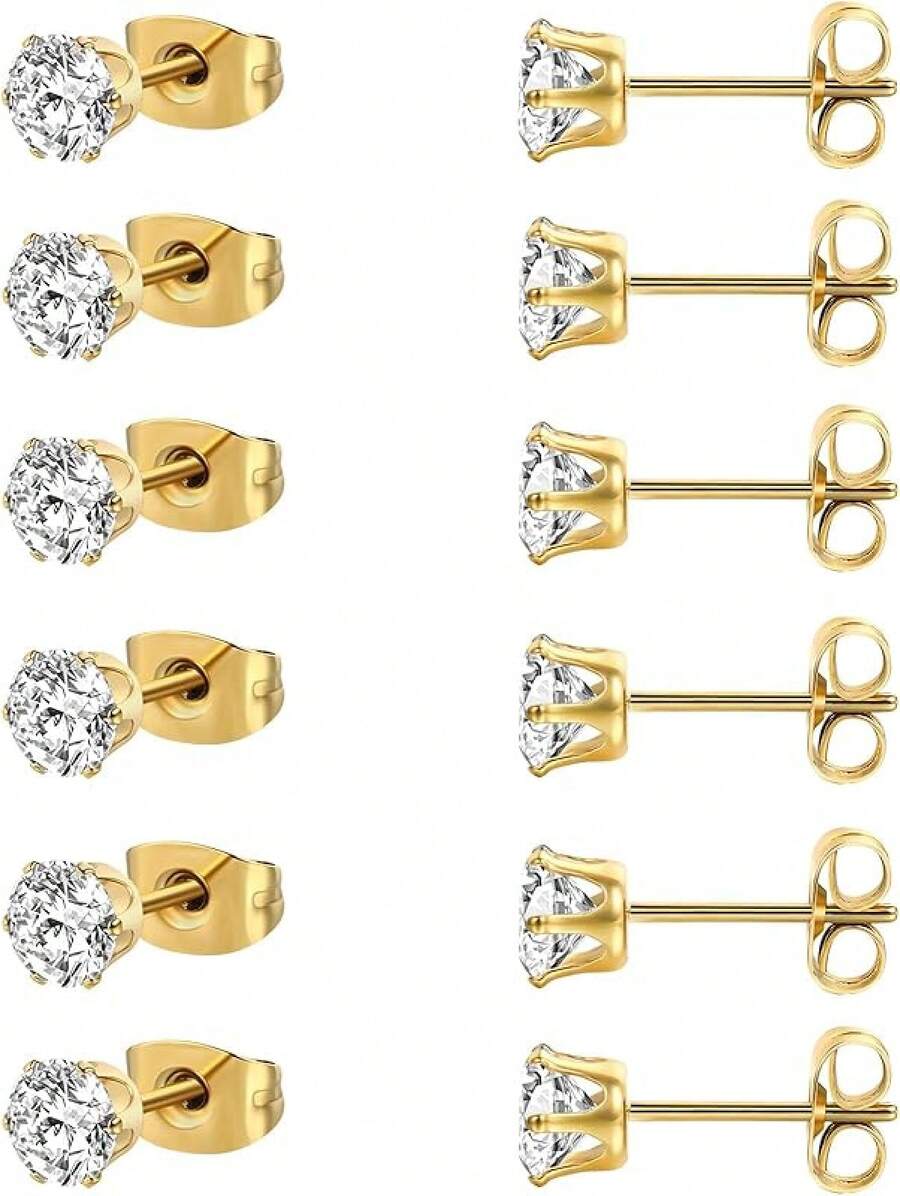 MDFUN 6 Pairs Stud Earrings Sets 3-8MM 18K Gold Plated Round 5A+ Cubic Zirconia Earrings CZ 6 Prong Ears Jewelry Women - 6MM-黃金 - 查看 1