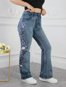 Women's All-Season Slim-Fit High-Waisted Flared Jeans, Retro Dark Blue, Embroidered, Extra-Long Flared Pants, High Elasticity, Suitable For Everyday Casual Wear And Versatile. - 藍色 - 查看 4