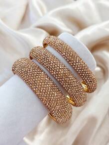 Juego de 3 pulseras brazalete de metal geométricas redondas con incrustaciones de rhinestone de moda y lujo, joyería de alta gama para mujer para fiesta