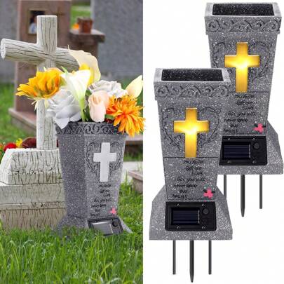 LOVEWE Solar Cemetery Grave Vase With LED For Fresh/Artificial Flowers Headstones Vases With Spikes Gravestone Decor Memorial Gifts For Loss Of Loved One