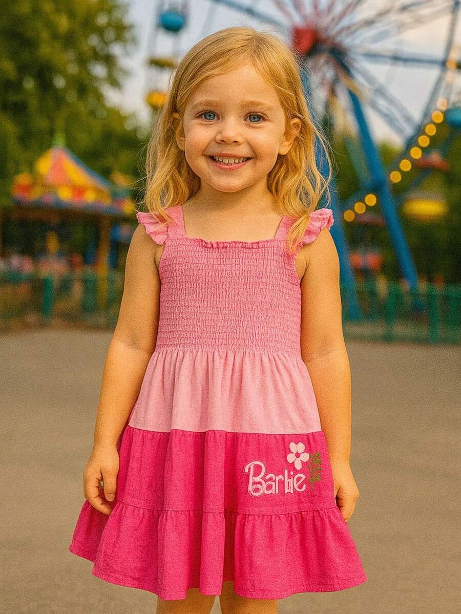 Barbie Vestido con talle enresortado y tirantes, estampado - Rosa - Ver 1