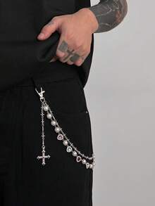 1 pieza Cadena de cintura con decoración de flor de perla falsa y cristal, accesorio de cadena corporal unisex de moda, adecuado para Halloween, escuela, otoño/invierno, casual, al aire libre, deportes, vacaciones, regalo de graduación, cumpleaños, uso diario