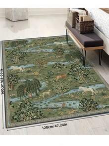 1pc Plush Luxurious Soft Green Hand-Painted Plant Modern Style Area Rug, Non-Slip Washable, Velvet Surface, Perfect For Living Room, Bedroom, Hallway - Elegant Garden Design, Baroque Pattern Indoor Mat | Non-Slip Backing, Living Room Carpet - Cadet Blue - View 7