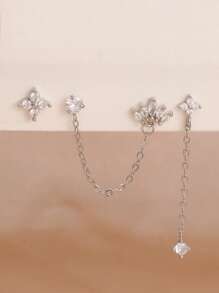 3PCS Stainless Steel Crown Chain Tassel Zirconia Hoop Earrings Flower Ear Stud Set For Women 18K Gold Plated Unique Earrings Cartilage Piercing Jewelry - Four Leaf Clover - View 5