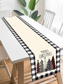 1 Pieza Camino de mesa de Navidad de poliéster, Cubierta de mesa con patrón de árbol de Navidad a cuadros en blanco y negro, Camino de mesa de Navidad, Suministros de decoración atmosférica navideña, Decoración de sala para fiesta de Navidad, Decoración de Nochebuena, Mantel navideño, Decoración navideña, Decoración de fiesta de Navidad, Decoración del hogar, Decoración de mesa, Adornos navideños