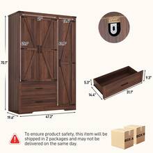 2/3/4 Doors Wardrobe Armoire Closet With Doors And Drawers, Farmhouse Wooden Armoire Storage Cabinet With Shelves & Hanging Rod For Bedroom - 棕色 - 查看 11