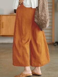 Plus Size High Waisted Wide Leg Pants Solid Elastic Waist Loose Fit Flowy Trousers With Pockets - Yellow - View 4