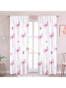 2pcs Set Pink Bow Print Light Filtering Curtains - Rod Pocket Design For Easy Hanging, Perfect For Bedroom, Living Room, Office Decor, Curtains For Living Room